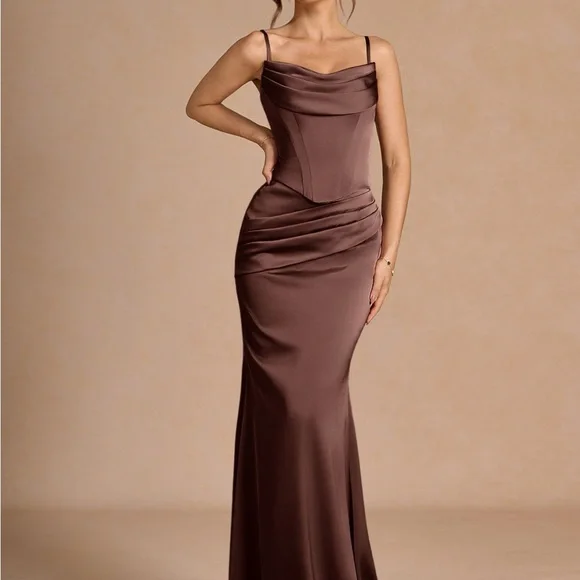 Azazie Strapless Satin Column Gown in Chocolate Brown - Picture 4 of 8
